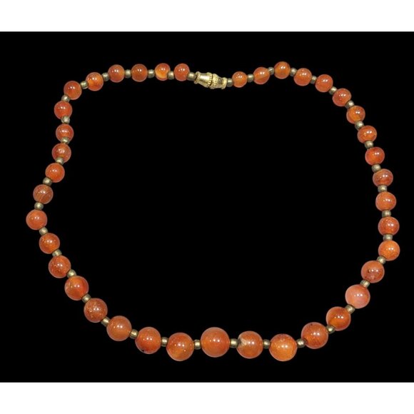 Vintage Polished Carnelian Beaded Necklace With Gold Tone Accent Beads - Picture 1 of 6